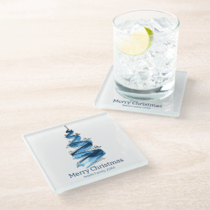 Blue Christmas Tree Watercolour Glass Coaster