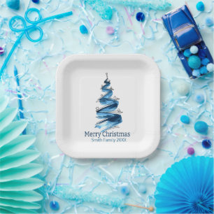 Blue Christmas Tree Watercolour  Paper Plate