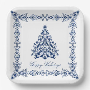 Blue Christmas Tree Your Background and Text Paper Plate