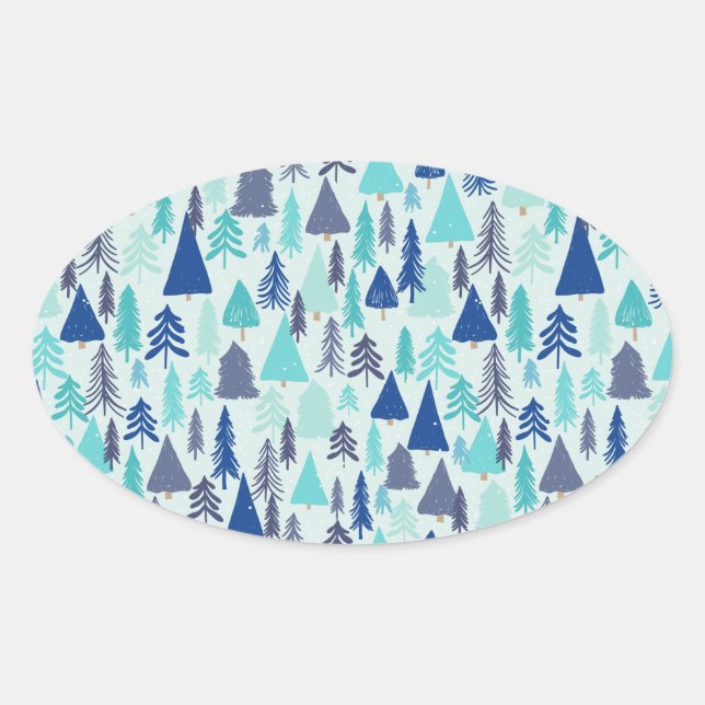 Blue Christmas Trees in an Evergreen Forest Oval Sticker (Front)