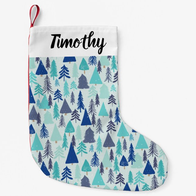 Blue Christmas Trees in an Evergreen Forest Small Christmas Stocking (Front)