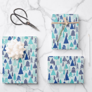 Blue Christmas Trees in an Evergreen Forest Wrapping Paper Sheet