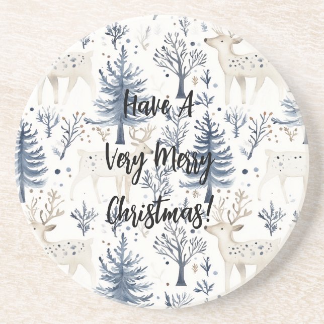 Blue Christmas Trees White Deer Coaster (Front)