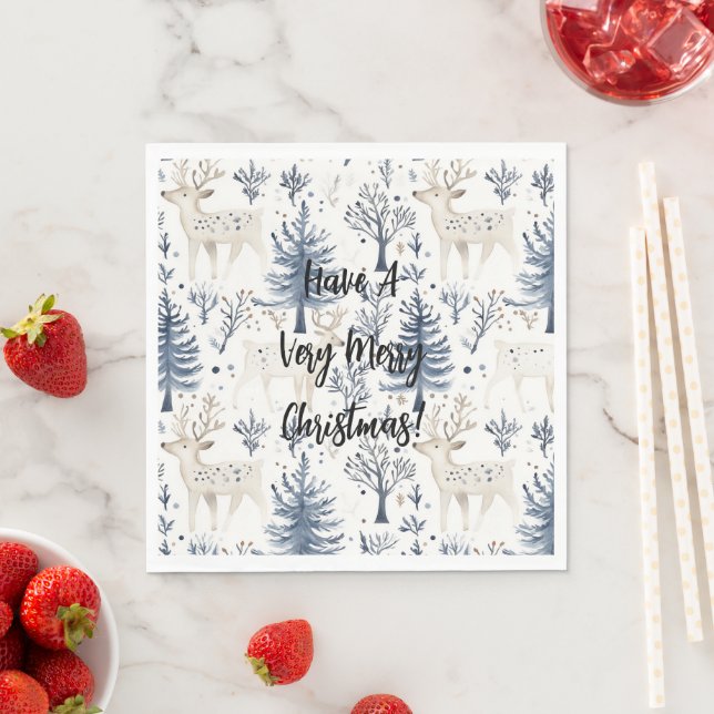 Blue Christmas Trees White Deer Napkin (Insitu)