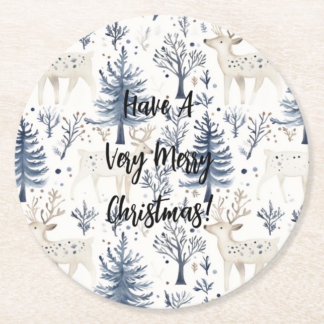 Blue Christmas Trees White Deer Round Paper Coaster (Front)