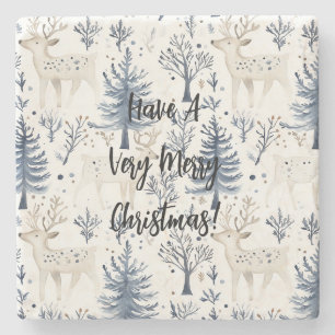 Blue Christmas Trees White Deer Stone Coaster