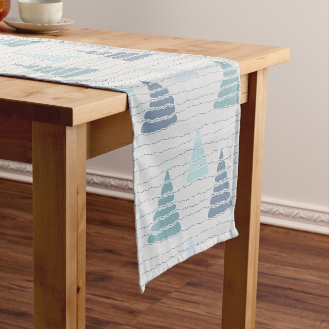 Blue Christmas trees with beads strings pattern Short Table Runner (In Situ)