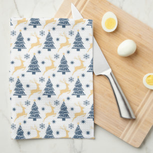 BLUE CHRISTMAS TREES & YELLOW HOLIDAY REINDEER TEA TOWEL