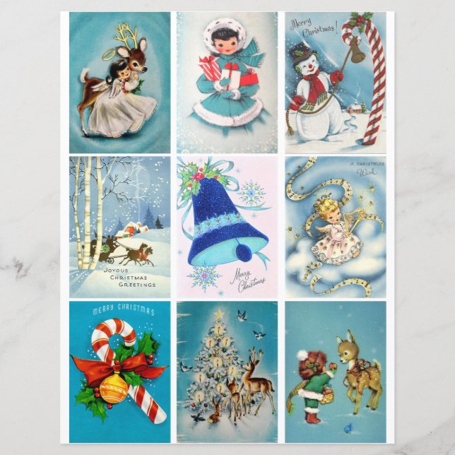 Blue Christmas Vintage Cards Clipart Sheet (Front)