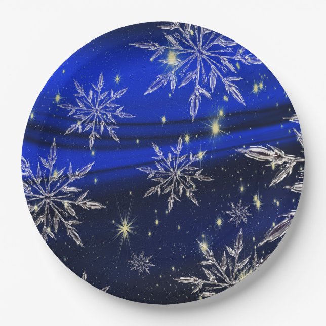 Blue christmas white snow holidays paper plate (Front)