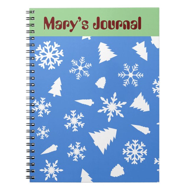 Blue Christmas white snowflakes and tree Notebook (Front)