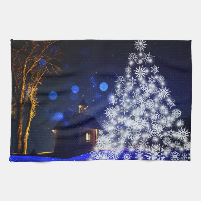 Blue Christmas white tree holidays Tea Towel (Horizontal)