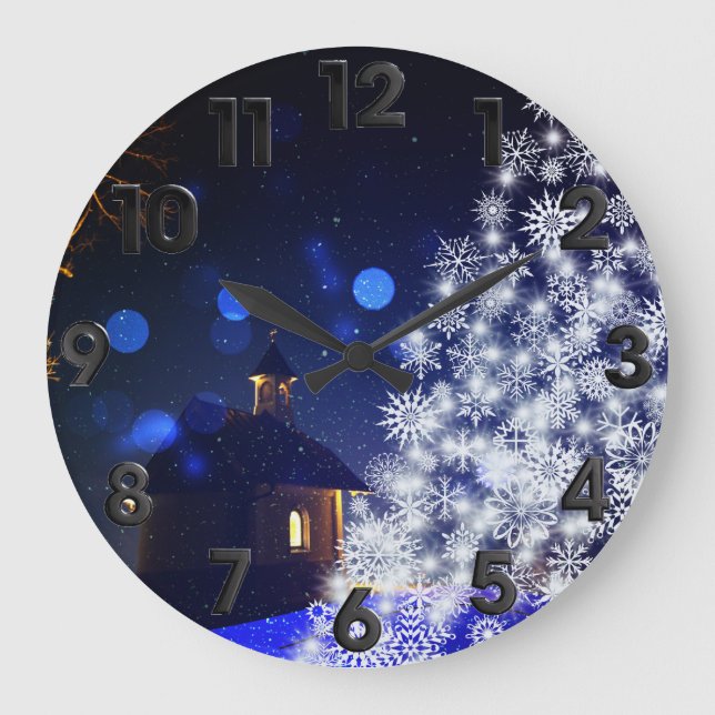 Blue Christmas white tree Large Clock (Front)