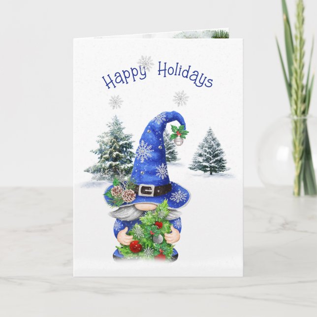 Blue Christmas Winter Gnome with Tree  Holiday Card (Front)
