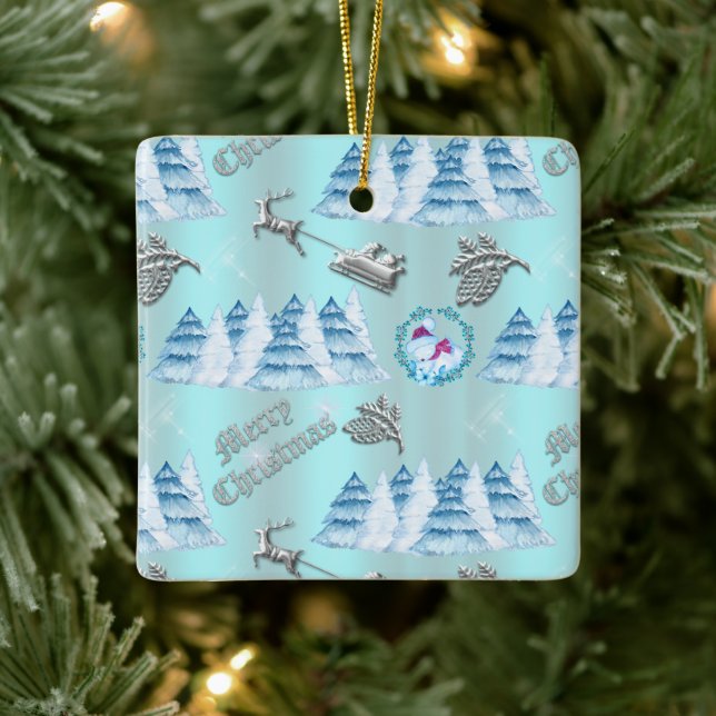 Blue Christmas Winter Scene Ceramic Ornament (Tree)