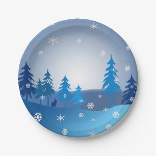 Blue christmas winter scene paper plate