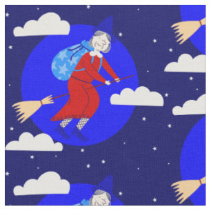 blue christmas witch befana broomrider spookmas fabric