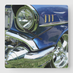 Blue Chrome Classic Vintage Car & Engine Square Wall Clock