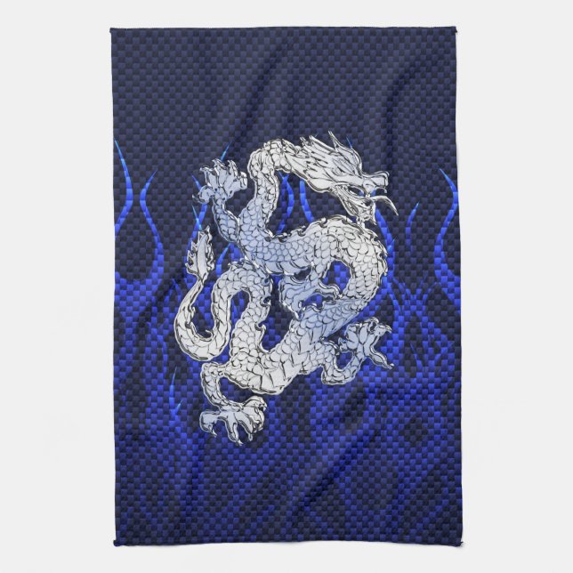 Blue Chrome like Dragon Carbon Fibre Style Tea Towel (Vertical)