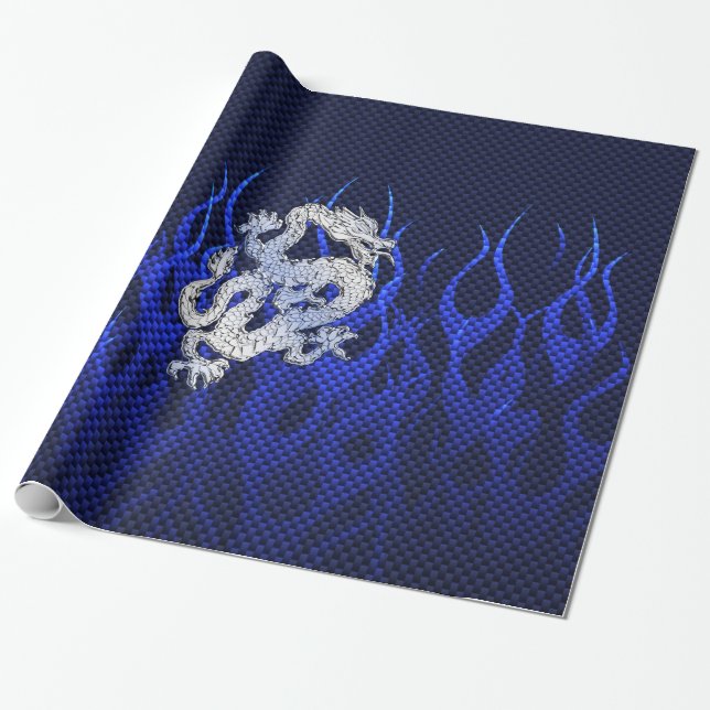 Blue Chrome like Dragon Carbon Fibre Style Wrapping Paper (Unrolled)