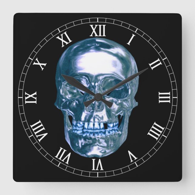 Blue Chrome Skull Square Roman Numerals Clock (Front)