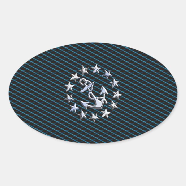 Blue Chrome Style Yacht Flag on Grille Print Oval Sticker (Front)