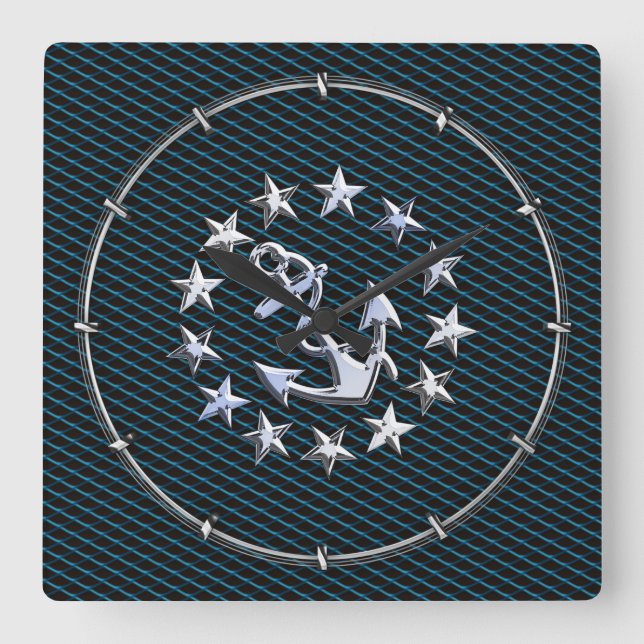 Blue Chrome Style Yacht Flag on Grille Print Square Wall Clock (Front)