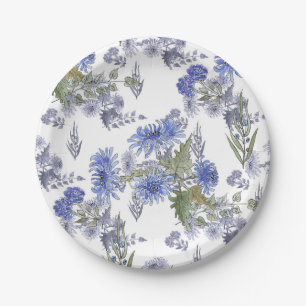 Blue chrysanthemums , watercolor paper plate