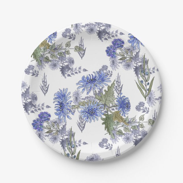 Blue chrysanthemums , watercolor paper plate (Front)