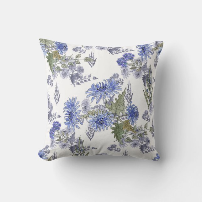 Blue chrysanthemums , watercolor , watercolor flow cushion (Front)
