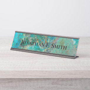 Blue Chrysocolla Mineral Stone Personalised Desk Name Plate