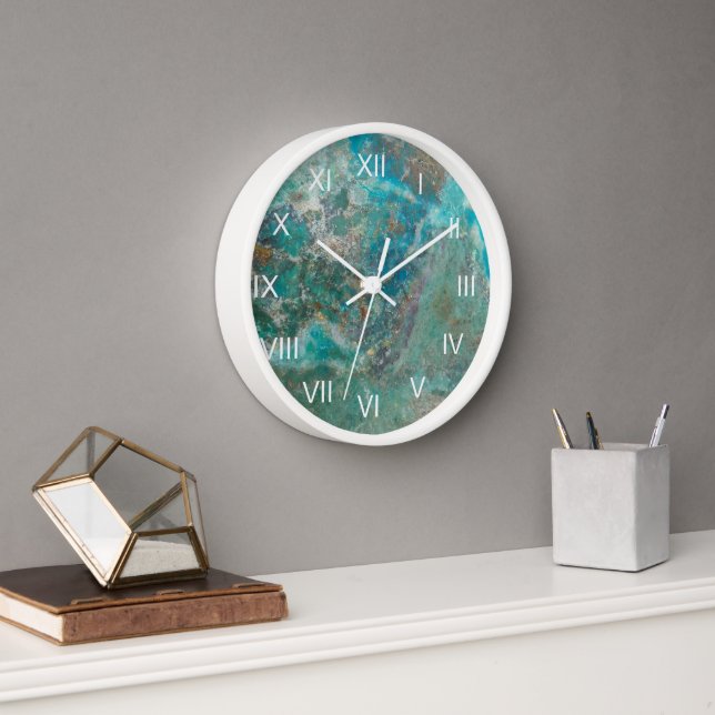 Blue Chrysocolla Stone with White Roman Numerals Clock (Office)