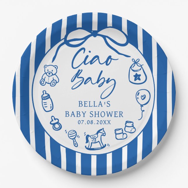 Blue Ciao Bambino Italian Illustrated Baby Shower Paper Plate (Front)