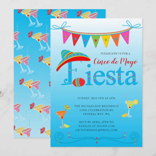 Blue Cinco De Mayo Fiesta Party Invitation (Front/Back)