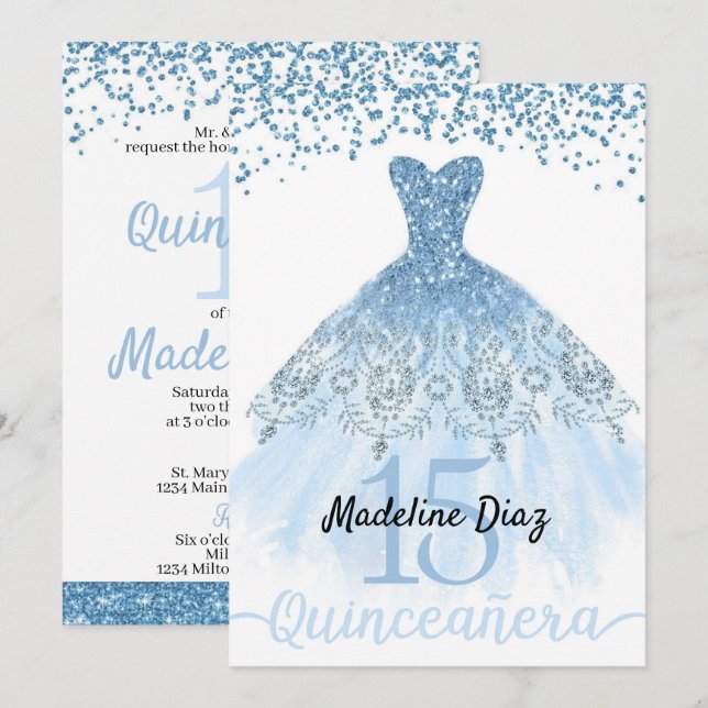 Blue Cinderella Quinceanera Birthday Invitation (Front/Back)