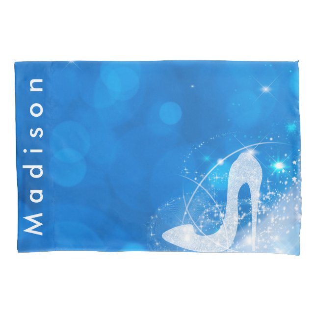 Blue Cinderella Sparkle High Heel Personalised Pillowcase (Front)