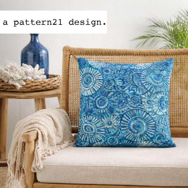 blue circle batik pattern cushion (Hand dyed batik style pillow adds bold ocean blue pattern to relaxed coastal spaces)
