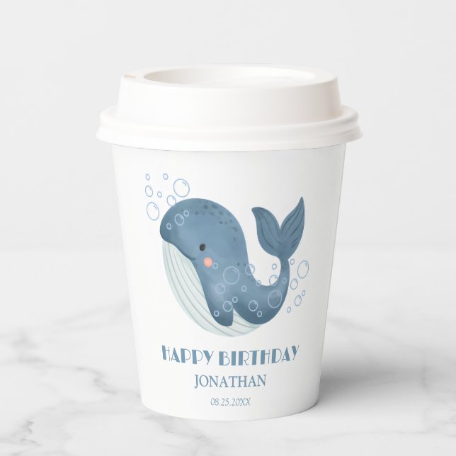 Blue Circle Bubble Cute Whale Kids Birthday Paper Cups (Back)