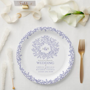 blue circle leaf art monogram wedding paper plate