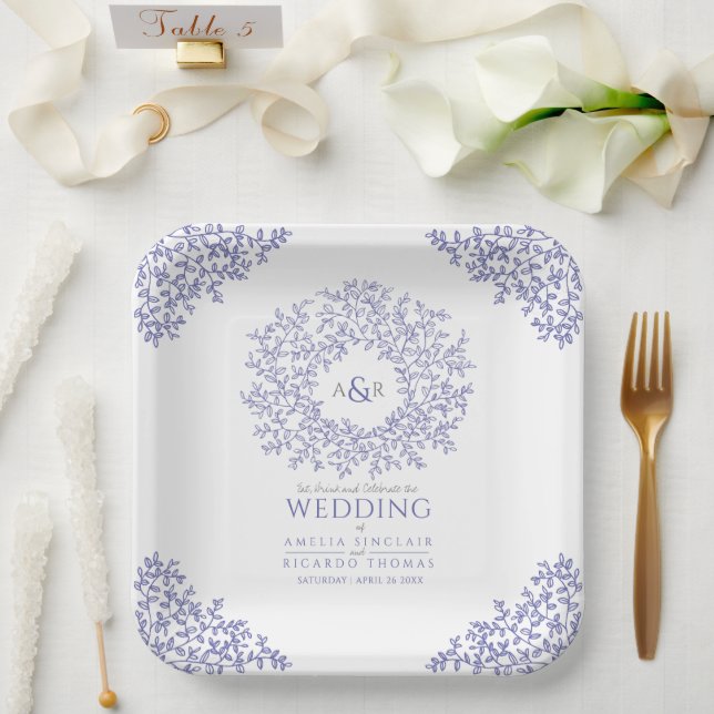 blue circle leaf art monogram wedding paper plate (Wedding)