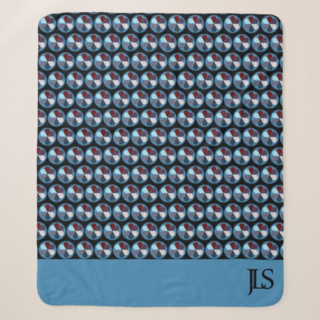 BLUE CIRCLE PATCHWORK FLOWER PATTERN INITIALS SHERPA BLANKET (Front)