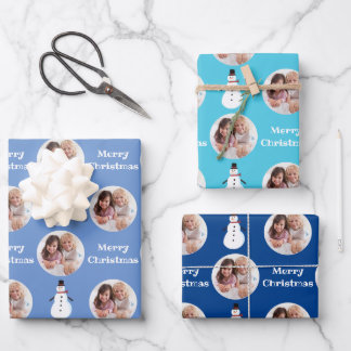 Blue Circle Photo Snowman Merry Christmas Wrapping Paper Sheet