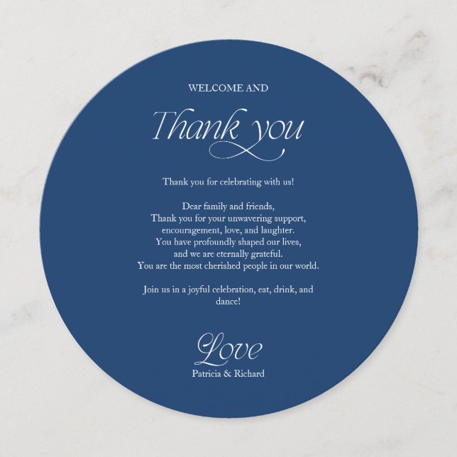 Blue Circle Wedding Menu and Thank You Place Card (Front)