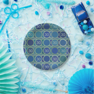 Blue Circles Pattern Custom Birthday Age Paper Plate