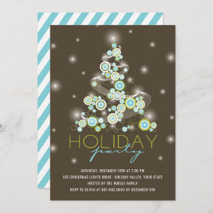 Blue Circles Sparkles Christmas Tree Holiday Party Invitation