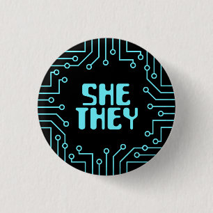Blue Circuit Board She/They Pronouns 3 Cm Round Badge