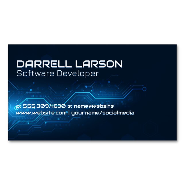 Blue Circuit Board | Technology Background Magnetic Business Card (Front)