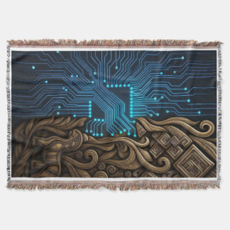 Blue Circuitry on Tribal Wood Throw Blanket