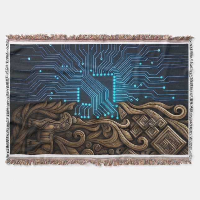 Blue Circuitry on Tribal Wood Throw Blanket (Front)