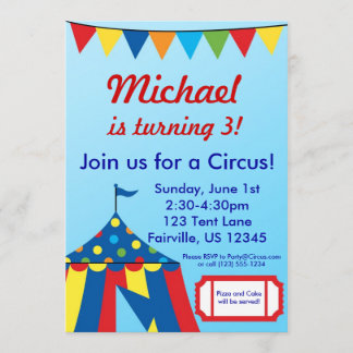 Blue Circus Carnival Big Top Birthday Party Invitation